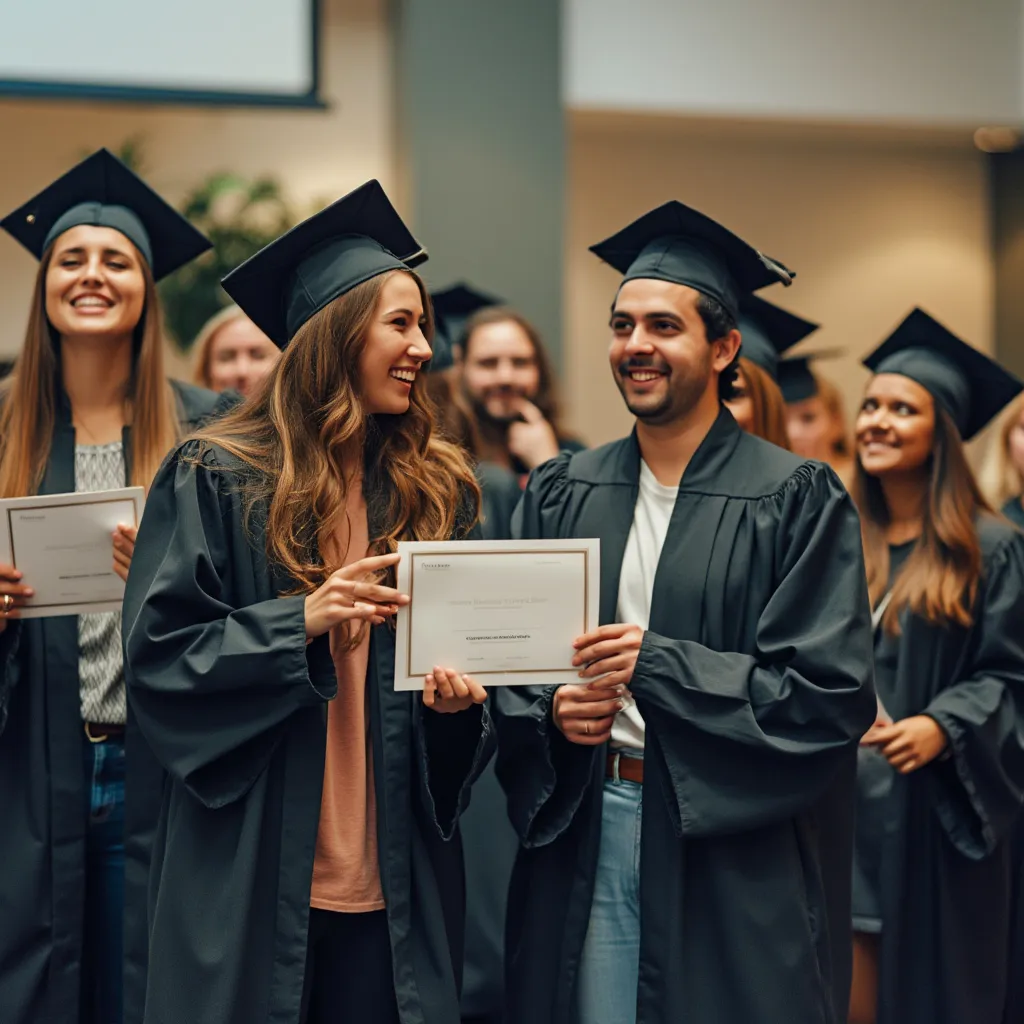 Participantes recibiendo certificados en una ceremonia de graduación de curso de negocios